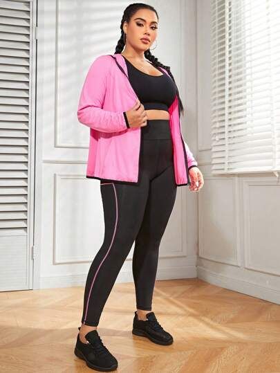 Plus Size Exercise Clothes, Bra Outfit, Estilo Fitness, Without Bra, Workout Fashion, Color Block Leggings, Extra Long Sleeves, Plus Size Activewear, Contrast Piping