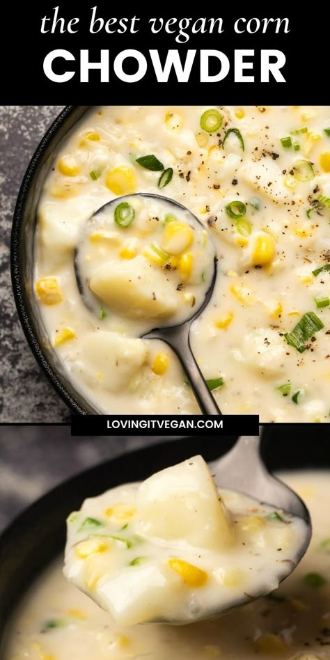 This vegan corn chowder is creamy and hearty and made with potatoes for a rich and comforting soup. A perfect appetizer or main course. Vegan Corn Chowder, Vegan Potato Soup, Vegan Crockpot, Plant Based Recipe, Corn Chowder Recipe, Chowder Recipe, Comforting Soup, Recipe Cookbook, Recipes From Scratch