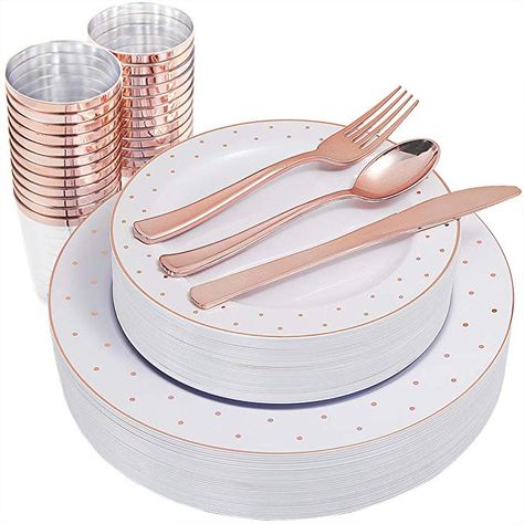 Amazon.com: IOOOOO 150PCS Rose Gold Plastic Plates, Cups with Disposable Silverware, Elegant Dot Design, Includes: 25 Dinner Plates 10.25", 25 Dessert Plates 7.5", 25 Tumblers 10 oz, 25 Knives, 25 Forks, 25 Spoon: Kitchen & Dining Dinner Party Plates, Gold Plastic Silverware, Gold Plastic Plates, Plastic Dinnerware Sets, Rose Gold Lace, Disposable Plastic Plates, Plastic Silverware, Gold Dinnerware, Plastic Dinnerware