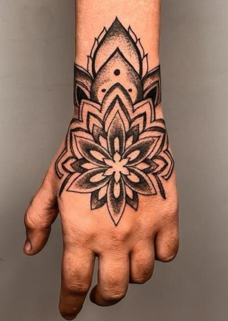 Hand Flower Tattoo Men, Viking Finger Tattoos For Men, Hand Tats For Guys, Hand Tattoo Flower, Tatto Clock, Mandala Tattoo Men, Ace Tattoo, Karma Tattoo, Forearm Band Tattoos