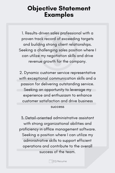 Craft a compelling objective statement with EQ Resume's diverse examples! Find inspiration for your resume's introduction and make a strong first impression. #objectivestatement #resumetips #EQResume #careeradvice #jobsearch #careerdevelopment #jobhunt #professionalgrowth #resumewriting #jobapplication Job Application Cover Letter, Professional Resume Examples, Application Cover Letter, Introduction Examples, Resume Objective Examples, Linkedin Tips, Resume Objective, Job Interview Tips, Cover Letter Sample