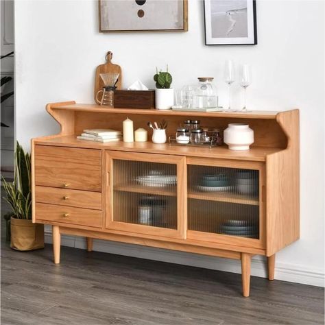 Hernest | Nordic 47.2" Natural Solid Wood 2 Drawers Sideboard Buffet with Glass Doors Modern Sideboard Buffet In Dining Room, Mid Century Buffet Cabinet, Modern Buffet Cabinet Dining Rooms, Buffet Flip, Kitchen Buffet Ideas, Kitchen Sideboard Ideas, Kitchen Hutch Ideas, Bookshelf Sideboard, Natural Sideboard