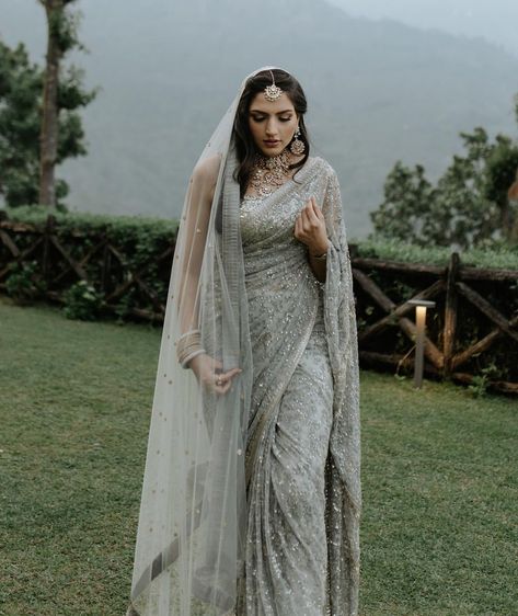 Take a deep breath, because Pari's engagement look will steal yours away! From the breathtaking saree to the enchanting veil and dazzling… | Instagram Reception Saree Look, Engagement Saree Look, Bridal Lehenga Wedding, Engagement Looks, Engagement Saree, Engagement Look, Reception Saree, Indian Bride Outfits, Lehenga Wedding