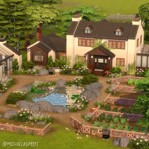 Sims 4 Greenhouse No Cc, Sims 4 Cottage Garden, Sims Garden Ideas, The Sims 4 Garden, Garden Sims 4, Sims 4 Greenhouse, Big Garden Design, Garden Design Cottage, Sims 4 Farm