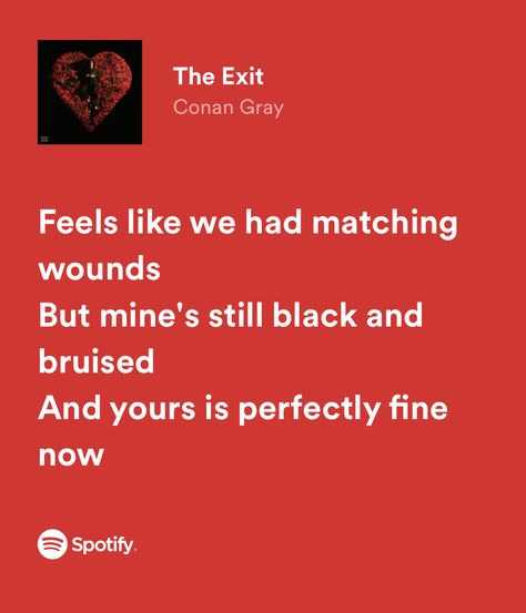 “feel like we had matching wounds but mine’s still black and bruised and yours is perfectly fine now” It Feels Like We Have Matching Wounds, Conan Gray The Exit Lyrics, Conan Gray The Exit, The Exit Conan Gray, Matching Lyrics, Conan Lyrics, Conan Gray Lyrics, Matching Quotes, Some Song