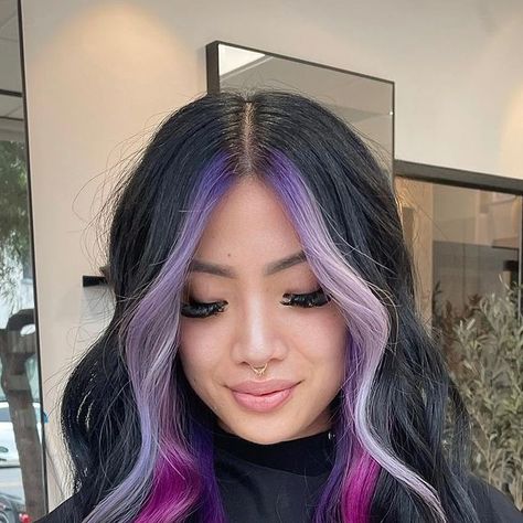 Dark Roots Colored Hair, Lavender Money Piece Hair, Purple Hair Extensions, Color Block Hair, Blue Black Hair, Hair Projects, Girl Hair Colors, Jet Black Hair, Different Hair Colors