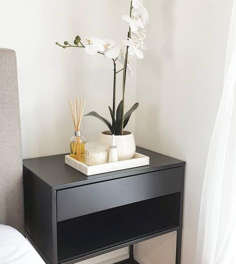 Black Bedside Table Decor, Neutral Bedroom With Black Nightstands, Bedroom Side Table Black, Master Bedrooms Decor Black Headboard, Black Ikea Nightstand, Black Nightstand Decor Ideas, Beige And Black Bedroom Ideas Modern, Black Nightstand Aesthetic, Mens Bedside Table Styling