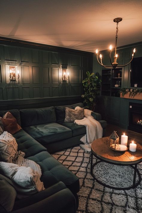 House Design Moody, Cozy Dramatic Living Room, Themes For Interior Design, Cozy Apartment Aesthetic Living Room Dark, Front Room Living Room Ideas, Dark Colonial Living Room, Thrifted Moody Decor, Dark Whiskey Room, Chimney Room Ideas