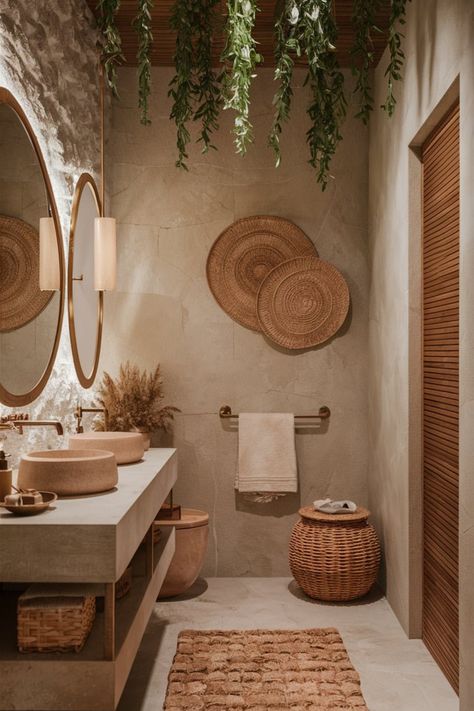 Design a cozy bathroom with textured stone walls, earthy tones, and hanging greenery. Add warmth with woven accents like rattan baskets, textured rugs, and soft natural lighting. #NaturalBathroom #EarthyBathroomDesign #BathroomInspiration #CozyBathroomDecor #WovenAccents #GreenBathroomIdeas #RusticStyle #WarmBathroomDesign #StoneWalls #BathroomRetreat Earthy Tone Bathroom Decor, Bali Toilet Interior Design, Bathroom Cozy Decor, Earthy Home Aesthetic Bathroom, Tulum Bathroom Decor, Cream And Sage Bathroom, Sage And Wood Bathroom, Neutral Warm Bathroom, Earthy Spa Bathroom