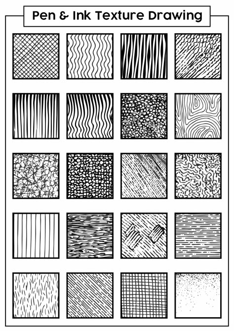 Pen and Ink Texture Worksheet Invented Texture Drawing, Line And Linear Drawing, Line Techniques Drawing, Pen Drawing Techniques, Line Pattern Drawing, Drawing Texture Ideas, Pen Shading Techniques, Visual Texture Drawing, Texture Line Drawing