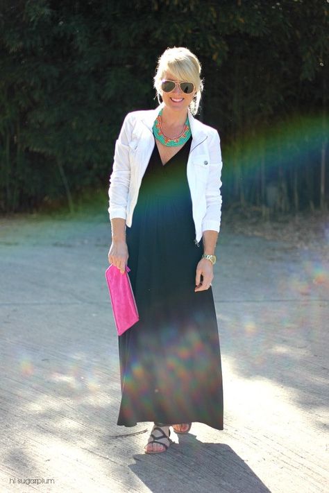 {5 Ways} to Wear a Maxi Dress | hi Sugarplum! Tank Maxi Dress Outfit, Black Maxi Dress Style, Maxi Dress With Jacket, Black Maxi Dress Outfit, How To Style A Maxi Dress, Spring Skirt Outfits, Sleevless Dress, Long Green Dress, Moms Fashion