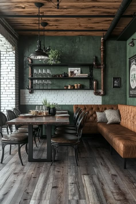 ♥ Looking for Industrial Dining Room inspiration? 🏠 Dive into the charm of this modern Industrial decor with rustic touches. Perfect for an Industrial loft apartment or Industrial house, featuring Industrial shelving and a cozy atmosphere. Get ready to elevate your space with dark and soft tones. 😍🌆 #IndustrialInteriorDesign #IndustrialDecor #LoftApartment #RusticDecor #UrbanLiving Exposed Pipes Interior Design, Industrial Apartment Aesthetic, Industrial Scandinavian Interior, Soft Industrial Decor, Industrial House Interior, Industrial Studio Apartment, Industrial Modern House, Cozy Industrial Living Room, Cozy Loft Apartment