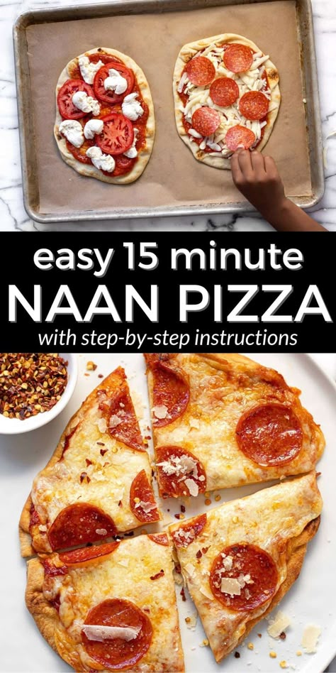 Easy 15-Minute Naan Pizza Beer Pizza Dough, Pizza Panini, Easy Naan, Sheet Pan Pizza, Bbq Chicken Flatbread, Naan Bread Pizza, Naan Pizza Recipes, Crispy Pizza Crust, Pizza Crust Dough