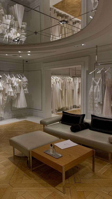 Bridal Store Design, Fashion Atelier Aesthetic, Formal Dress Shop Interior, Wedding Dress Shop Aesthetic, Wedding Store Interior Design, Dress Shop Aesthetic, Wedding Dress Fitting Room, Wedding Dress Shopping Aesthetic, Wedding Shop Interior