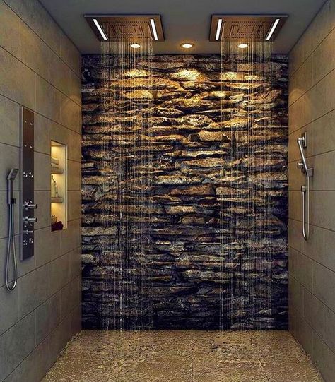 modern master bathroom natural stone wall rain shower heads #bathrooms #shower #modern Drømme Bad, Rustic Bathroom Shower, Rock Shower, Dream Shower, Bathroom Shower Design, Rustic Bathroom Designs, Luxury Shower, Rustic Bathrooms, Bathroom Remodel Shower