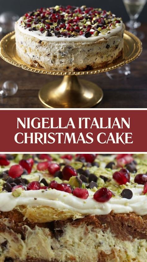 Nigella Italian Christmas Cake recipe is made with panettone, tuaca liqueur, eggs, sugar, mascarpone cheese, double cream, marsala, marrons glacés, chocolate chips, pistachios, and pomegranate seeds this recipe takes 30 minutes to prepare and serves 12 people. Nigella Christmas Cake, Nigella Christmas Recipes, Christmas Festive Food, Nantucket Cake, Christmas Tea Desserts, Xmas Desert Ideas, Xmas Cakes Ideas, Christmas Dessert Cakes, Simple Christmas Desserts Recipes