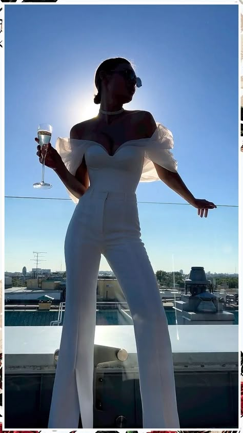 Off Shoulder White Jumpsuit, White Wedding Jumpsuit Brides, Bride Reception Outfit, Wedding Reception Outfit For Bride, After Wedding Outfit, Reception Outfit For Bride, Reception Jumpsuit, Car Themed Wedding, Bachelor's Party