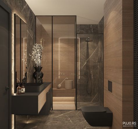 A STUNNING DARK BATHROOM on Behance Dark Modern Bathroom, Design Interior Baie, Modern Luxury Bathroom, Bathroom Design Black, Dark Bathrooms, Bathroom Inspiration Modern, Bathroom Decor Luxury, Washroom Design, Aesthetic Bathroom