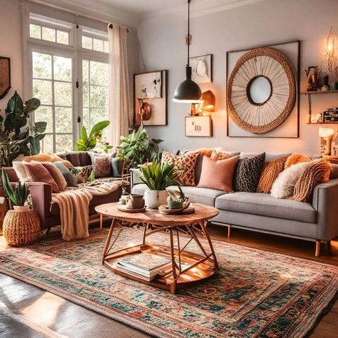 Cute Boho Living Room Ideas, Grey Couch Rustic Living Room, Grey Bohemian Living Room, Boho Living Room Grey Sofa, Boho Gray Couch, Tan Living Room Ideas Colour Schemes, Boho Living Room Earth Tones, Apartment Inspiration Rustic, Pops Of Colour Living Room