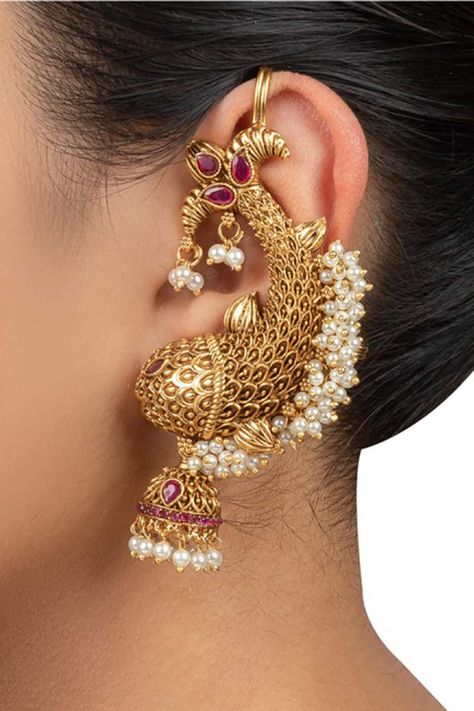 Indian Ear Cuffs, Gold Ear Cuff Earrings, Gold Ear Cuff Earrings Indian, Chettinad Jewellery Gold, Traditional Jewelry Gold, Earcuffs Earrings Indian, Ear Cuffs Gold Indian, Beads Jewelry Indian, Traditional Gold Earrings