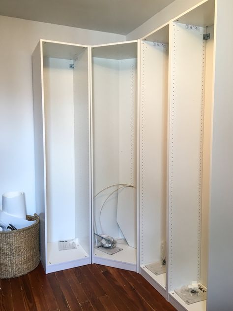 A Bonkers Beautiful IKEA Built-In Hack — Apartment Therapy Reader Submission Tutorials Dressing Angle, Pax Corner Wardrobe, Ikea Wardrobe Hack, Ikea Closet Hack, Ikea Pax Closet, Pax Closet, Closet Ikea, Ikea Built In, Corner Closet