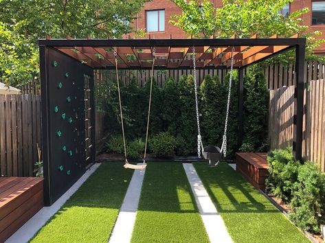 Swings For Backyard, Small Backyard With Playground, Playground For Small Backyard, Small Backyard With Playset, Backyard For Big Kids, Modern Backyard Playground, Play Set Small Backyard, Small Backyard Swingset Ideas, Small Backyard With Pool And Playground