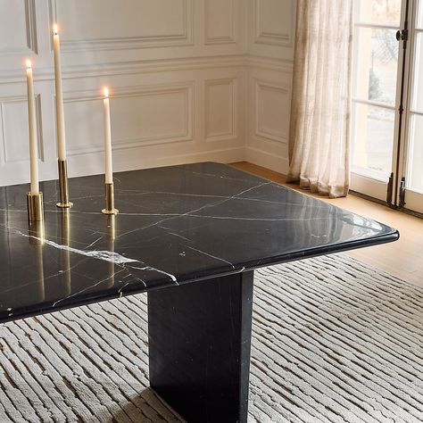 Modern Rectangular Dining Tables for Dining Rooms and Kitchens | CB2 Granite Dining Table Black, Black Top Dining Table, Black Marble Dining Table Decor, Black Stone Dining Table, Black Marble Table Dining, Granite Dining Table Ideas, Black Marble Top Dining Table, Dining Room Marble Table, Black Dining Table Decor