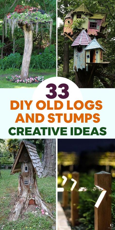 Enhance your garden with a rustic feel through creative DIY projects using surplus logs and stumps. Utilize an old log as a one-of-a-kind plant stand by excavating the center, filling it with soil, and planting your favorite flora. Craft an enchanting fairy garden by arranging minor stumps and logs, enhancing them with mini embellishments and plants. Repurpose a sizable stump into an imaginative mushroom sculpture by painting its top red adorned with white polka dots. Decorative Tree Stump Ideas, Tree Stump Ideas Outdoor Decor, Large Stump Ideas, Large Log Ideas, What To Do With Tree Stumps, Diy Garden Accessories, What To Do With A Tree Stump, Large Tree Stump Ideas Outdoor, Creative Tree Stump Ideas