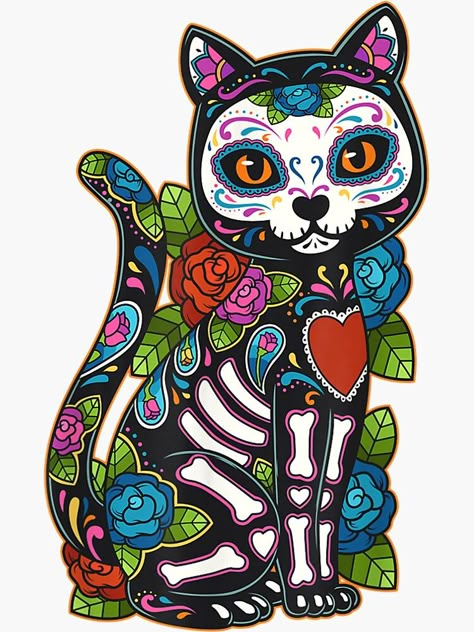 Sugar Skull Dog Art, Sugar Skull Animals, Cat Sugar Skull, Mathematics Art, Sugar Skull Artwork, Mexican Paintings, Sugar Skull Cat, Sugar Skull Design, Sugar Skull Tattoos