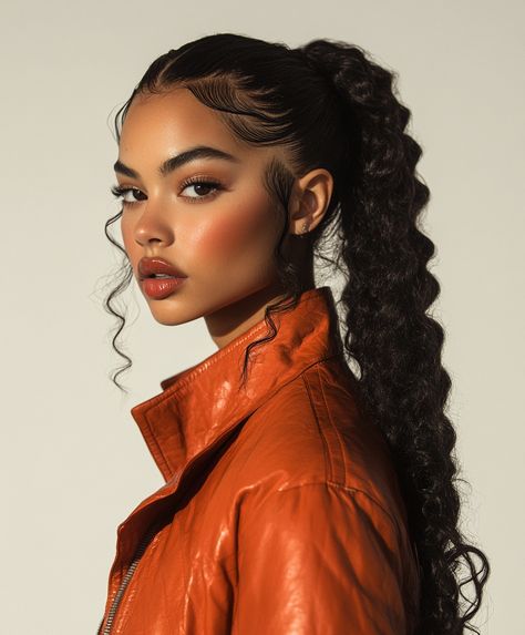 Cornrows with Curly Ponytail Holidays Hairstyles For Black Women, Ponytail With Curls At The End, Two High Braided Ponytails, Black Woman Ponytail Hairstyles, Cornrows With Curls, Black Cornrows, High Ponytail Braid, Braids Black Women, Braid Ponytail