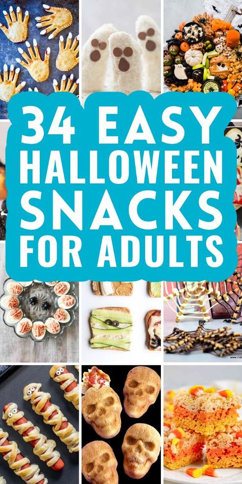 Discover 34 easy Halloween snacks for adults that are perfect for your spooky celebrations! From creative appetizers to wickedly good treats, these Halloween-themed snacks will impress your guests and add a fun twist to your party. Whether you're hosting a haunted gathering or a casual get-together, these recipes are sure to inspire and delight. Click for delicious, easy-to-make Halloween snacks that are perfect for grown-up fun! Halloween Graveyard Snack, East Halloween Snacks, Healthy Halloween Snacks For Adults, Work Halloween Food Ideas, Halloween Finger Foods Easy, Spooky Snacks Savory, Halloween Snacks For Work Party, Halloween Theme Snacks For Adults, Adult Halloween Snacks For Party