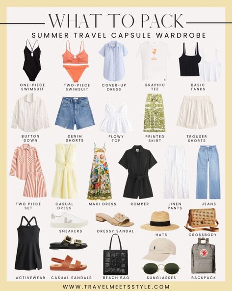 Sunkissed style: How to create the ultimate summer travel capsule wardrobe 2024 - Travel Meets Style Family Vacation Capsule Wardrobe, Active Travel Capsule Wardrobe, Thai Travel Outfit, Capsule Europe Summer, Tropical Holiday Capsule Wardrobe, Capsule Wardrobe Italy Summer 2024, Capsule Wardrobe Cruise Ship, Packing Outfits For Travel Summer, Travel Capsule Wardrobe Southeast Asia