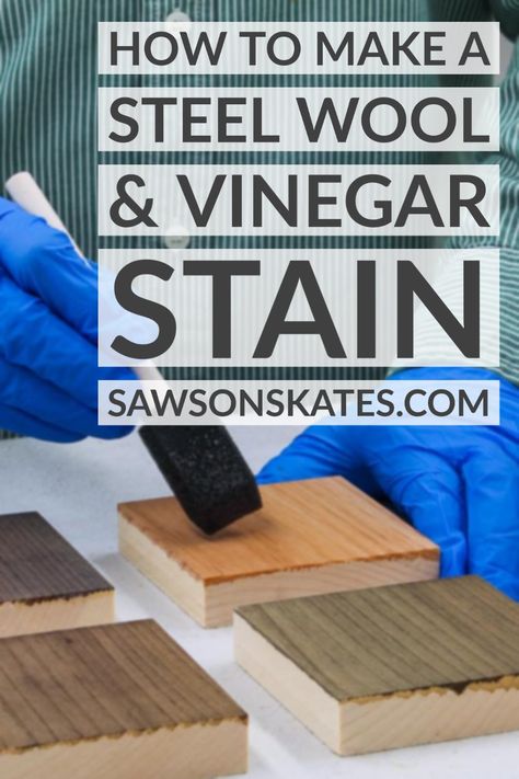 Learn how to make steel wool and vinegar stain with this step-by-step tutorial. This steel wool and vinegar stain is easy to make with just two ingredients. It’s a great alternative to store-bought wood stains. Age Wood With Vinegar And Steel Wool, Vinegar Steel Wool Stain Diy, Diy Stain For Wood Projects, Diy Wood Stain How To Make, Vinegar And Steel Wool Stain, Aging Wood With Vinegar And Steel Wool, Vinegar And Steel Wool Stain Diy, Stain Wood Diy, Steel Wool And Vinegar Stain