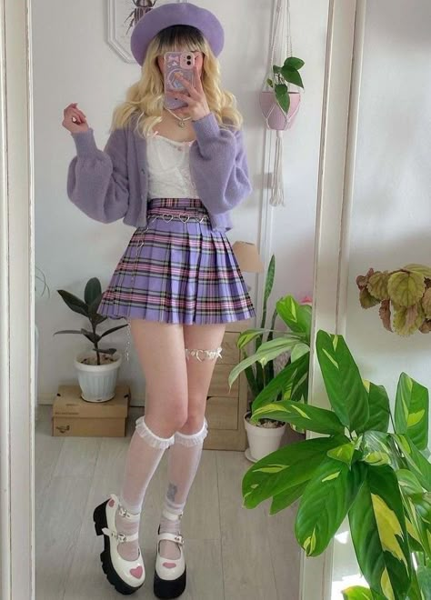 Kawaii Outfit Ideas, Pastel Girl, Purple Outfits, Kawaii Fashion Outfits, Plaid Skirt, Really Cute Outfits, Skirt Outfit, Kawaii Clothes, Girly Outfits