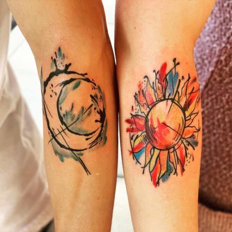 colourful-abstract-sun-moon-tattoo-cancan7563 A Moon Tattoo, Sun And Moon Tattoos, Half Moon Tattoo, Moon Sun Tattoo, Sun And Moon Tattoo, Uv Tattoo, Universe Tattoo, Couple Tattoos Unique, Moon Tattoos