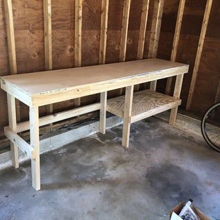 Garage Table Diy, Garage Workbench With Storage, Shed Bench Workbenches, Workbench Legs Ideas, Small Garage Work Bench, Work Bench Top Ideas, Garage Work Bench Plans, Garage Work Bench Counter Top, Garage Table Ideas