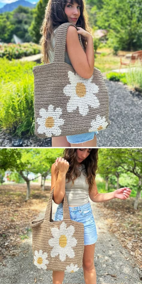 Woman showcasing a handmade tote bag with daisy flower design outdoors. Crochet Boho Bag Pattern, Daisy Flower Design, Crochet Tote Pattern, Crochet Boho Bag, Handmade Tote Bag, Free Crochet Bag, Womens Crochet Patterns, Crochet Bag Pattern Free, Bag Pattern Free