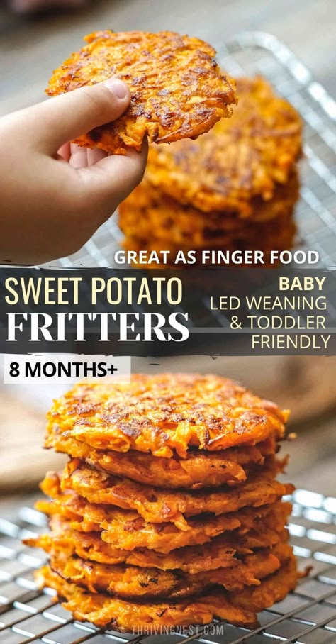 Sweet Potato Fritters (Latkes) For Babies & Toddlers - ThrivingNest Sweet Potatoes For Baby, Sweet Potato Vegan, Food For Babies, Sweet Potato Patties, Sweet Potato Fritters, Weaning Foods, Easy Baby Food Recipes, Potato Fritters, Baby Led Weaning Recipes