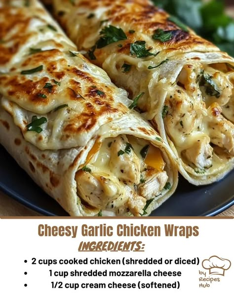 Cheesy Garlic Chicken Wraps Tortilla Hacks, Chicken Tortilla Wraps, Cheesy Garlic Chicken, Shrimp Quesadilla, Chicken Wraps Healthy, Chicken Chimichangas, Mexican Casserole Recipe, Chicken Salad Wrap, Chicken Garlic