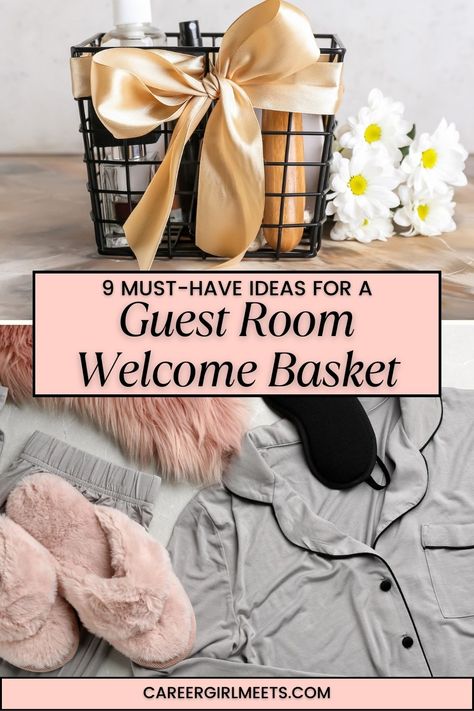 The holidays (Christmas, Thanksgiving & New Year's) are fast approaching, which means you may be entertaining overnight guests. Make family and friends feel welcome with a goodie basket or tray. These 9 must-have ideas are also perfect for wedding guests. You can include toiletries, snacks, homemade goodies, and drinks. This list is thorough and covers everything you need to make the best welcome basket. 

// guest room welcome basket // Christmas // wedding // Guest Visiting Basket, Guest Bedroom Gifts Welcome, How To Make A Guest Room Welcoming, Guest Room Baskets Welcome, Guest Hospitality Ideas, Guest Gifts Overnight, Guest Visiting Ideas, Gift Basket For Guests, Christmas Guest Basket