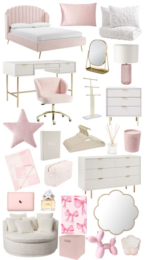 Pink And White Bedroom Ideas Aesthetic, Aesthetic Chairs For Bedroom, Studio Room Makeover, Preppy And Aesthetic Room, Pink Cute Room Ideas, College Dorm Room Ideas Pink And White, White Bedding With Pink Accents, Pink Room Decor Of Your Dreams, Pink And White Room Inspiration