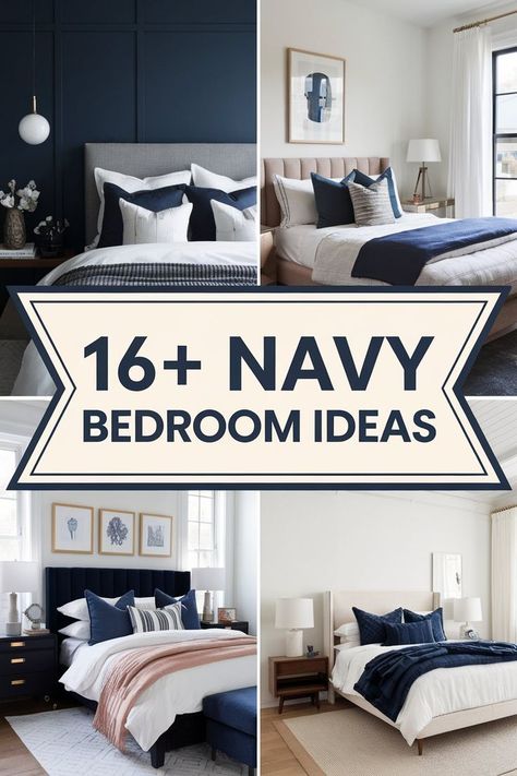 navy and blush bedroom ideas Navy And Light Grey Bedroom, Bedroom With Navy Comforter, Bedroom Ideas For Blue Walls, Bedroom Aesthetic Navy Blue, Bedding Ideas Navy Blue, Dark Blue And Tan Bedroom, Dark Blue Accent Bedroom, Navy And Mustard Bedroom Ideas, Blue Black White Palette