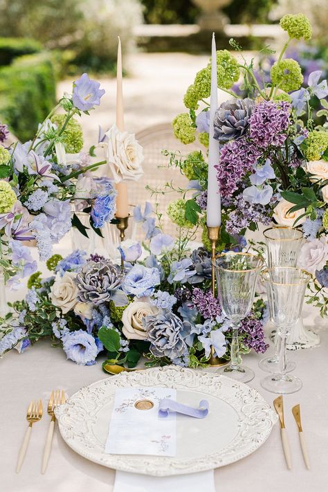 Blue And Purple Wedding Florals, Lilac Wedding Dress, Lilac Wedding Flowers, French Garden Wedding, Blue Purple Wedding, Blue Green Wedding, Roman Garden, Spring Wedding Color Palette, French Country Wedding