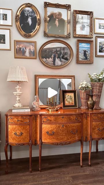 Vintage Gallery Wall Above Couch, Gallery Wall With Oval Frames, Styling With Antiques, Large Entry Way Wall Ideas, Antique Picture Wall, Antique Picture Frames On The Wall, Gallery Wall With Mirror In Center, Gallery Wall Ideas Family Photos, Vintage Entryway Ideas