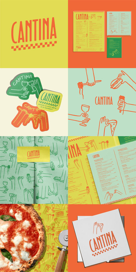 CANTINA is a fictional modern italian restaurant. It has a modern, welcoming and friendly feel, with a bold color palette, a bold logo font & playful illustrations of hands holding food and glasses. I created the brand identity and print assets, like menu, bag & tissue paper designs.The illustrations include drawings of hands holding: pizza, pasta, burgers, chicken bites, fries, spaghetti, wine & cheersing. Fries Illustration Design, Print Logo Design Branding, Bold Modern Color Palette, Pizza Visual Identity, Pasta Color Palette, Italian Restaurant Branding Design, It Branding Design, Chicken Branding Design, Italian Restaurant Graphic Design