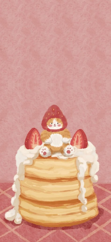 Kawaii Pink Iphone Wallpaper, Animated Food Wallpaper, Cute Food Art Wallpaper, Strawberries Aesthetic Wallpaper, Strawberry Cat Wallpaper, Strawberry Cake Wallpaper, Cake Wallpaper Aesthetic, Foodie Background, Pancake Wallpaper