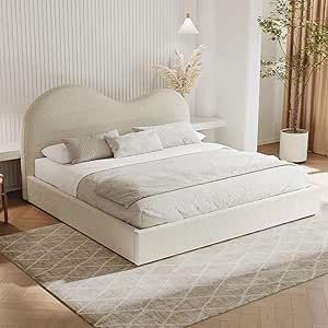 King Size Bed Luxury, Aesthetic Headboard Bed, Unique Bed Headboards, Beige Platform Bed, Bed Stand Design, Bedroom Bed Frame Ideas, Aesthetic Bed Designs, Bedframe Aesthetic, Bed Design Storage