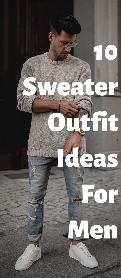 10 Sweater Outfit Ideas For Men! Maroon Sweater Outfit, Red Sweater Outfit, Sweater Outfit Ideas, White Sweater Outfit, Sweater Outfits Men, Oversized Sweater Outfit, Cozy Oversized Sweaters, Turtleneck T Shirt, Outfits Jeans