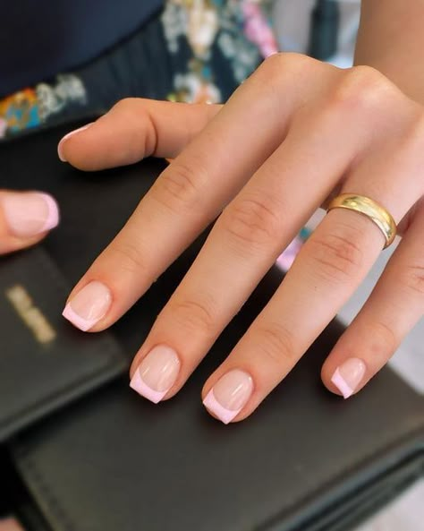 Soft Pink French Tip Nails Square, Light Pink French Tip Nails Square Short, Cute Nails Acrylic Square Short, Square Short Acrylics, Square French Tips Short, Light Pink French Tips Square, Nails To School, Cute Short Acrylics, Short Square Tip Nails