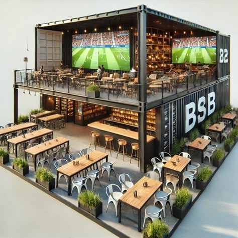 Counter Restaurant Ideas, Rooftop Club Design, Brewery Outdoor Space, Small Business Restaurant, Container Design Cafe, Sport Bar Ideas, Brewery Exterior Design, Container Business Ideas, Backyard Sports Bar